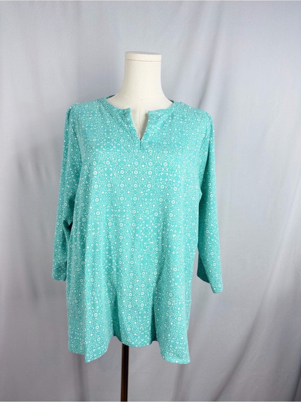 LL Bean Womens Green Geometric 3/4 Sleeve Split Neck Cotton Tunic Top Sz 1X Plus